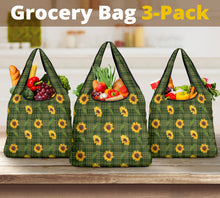Load image into Gallery viewer, Green Plaid With Sunflower Pattern Grocery Shopping Bag Pack of 3
