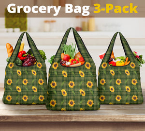 Green Plaid With Sunflower Pattern Grocery Shopping Bag Pack of 3