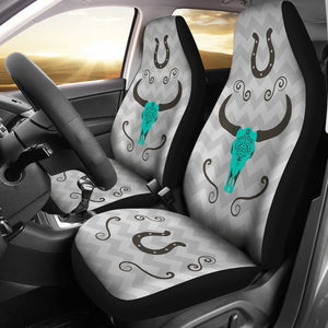 Turquoise Boho Cow Skull on Gray Chevron Car Seat Covers Set