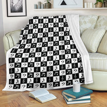 Load image into Gallery viewer, Black and White Checkered Music Note Pattern Fleece Throw Blanket With White Border
