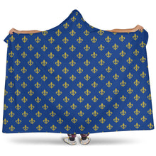 Load image into Gallery viewer, Royal Blue and Gold Fleur De Lis Hooded Blanket 1
