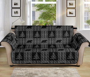 Gray and Black Plaid With Bears and Pine Trees Rustic Patchwork Pattern on Sofa Slip Cover Protector