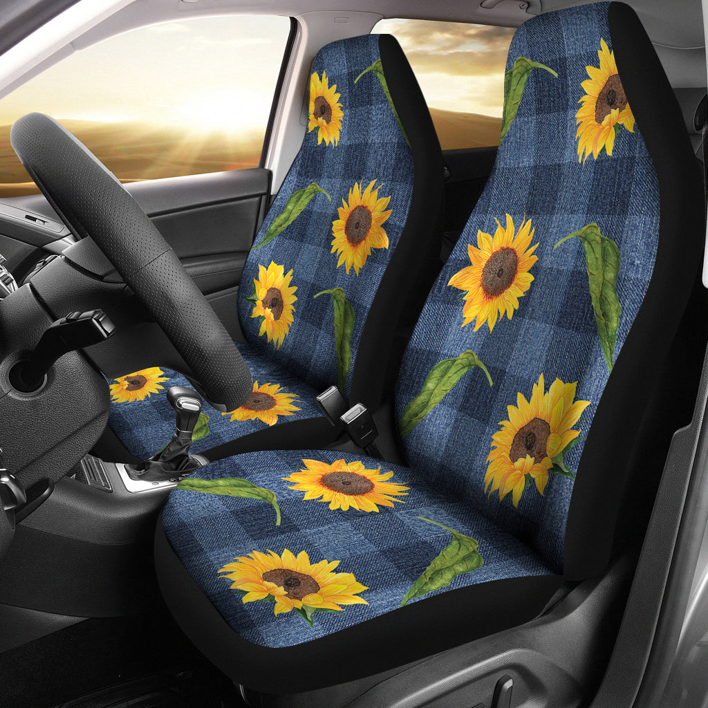 Blue Denim Buffalo Plaid With Rustic Sunflowers Car Seat Covers
