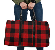 Load image into Gallery viewer, Red and Black Buffalo Plaid Travel Bag Duffel Bag With Vegan Leather Handles
