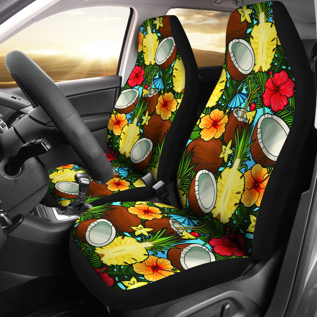 Tropical Flowers With Coconuts, Pineapple Pattern Car Seat Covers Set