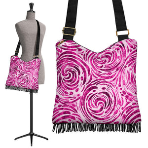 Pink Batik Swirls Spirals Boho Fringe Bag Crossbody Shoulder Strap Purse