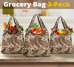 Brown Camouflage Reusable Grocery Shopping Bags Camo Pattern Pack of 3