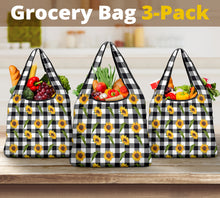 Load image into Gallery viewer, Sunflower Pattern on Black and White Buffalo Plaid Reusable Grocery Shopping Bags
