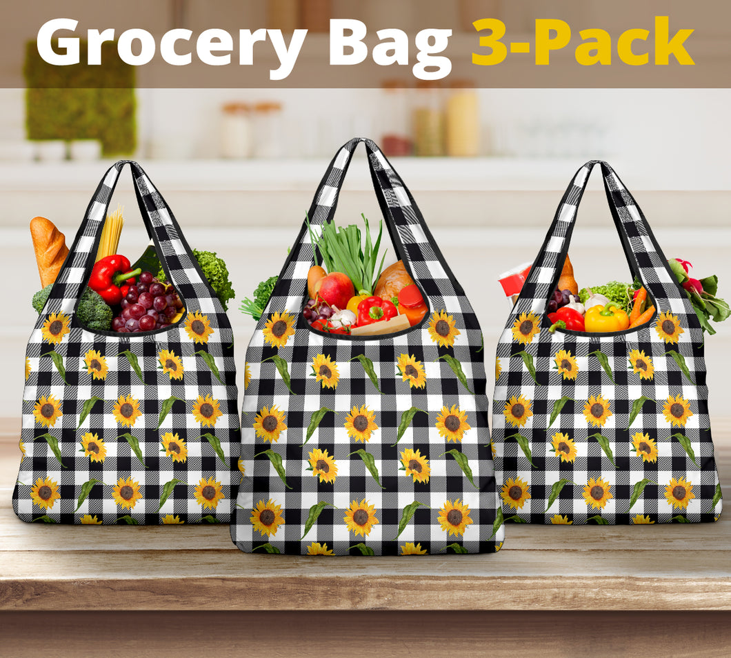 Sunflower Pattern on Black and White Buffalo Plaid Reusable Grocery Shopping Bags