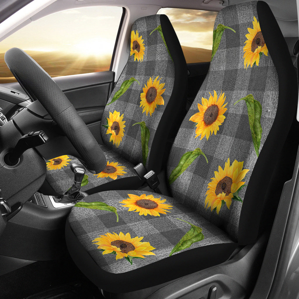 Gray Faux Denim Buffalo Plaid With Rustic Sunflowers Car Seat Covers Seat Protectors