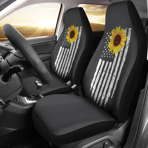 Charcoal Gray With Distressed American Flag and Sunflower Car Seat Covers Set