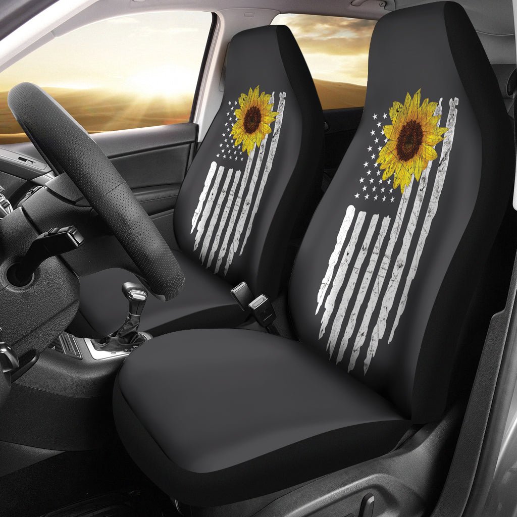 Charcoal Gray With Distressed American Flag and Sunflower Car Seat Covers Set