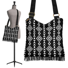 Load image into Gallery viewer, Black and White Ethnic Tribal Pattern on Crossbody Boho Bag With Fringe Bottom

