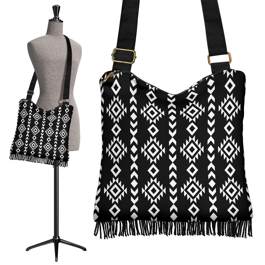 Black and White Ethnic Tribal Pattern on Crossbody Boho Bag With Fringe Bottom