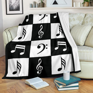 Black and White Large Checkered Music Notes Pattern Fleece Throw Blanket