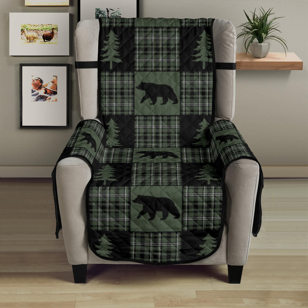 Green and Black Plaid With Bears and Pine Trees Patchwork Pattern Furniture Slipcover