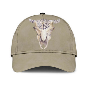 Stone Colored Classic Hat Baseball Cap With Boho Cow Skull
