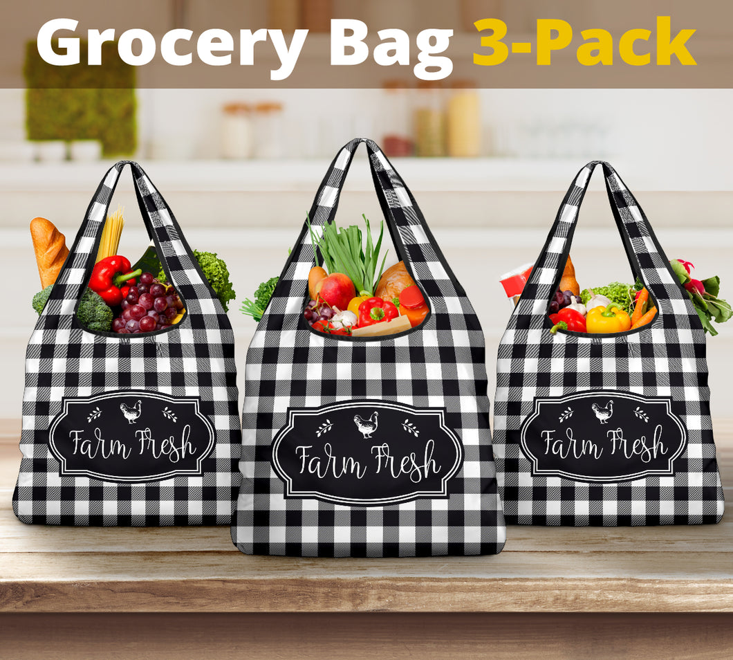 Black and White Buffalo Plaid Farm Fresh Grocery Bags Set of 3