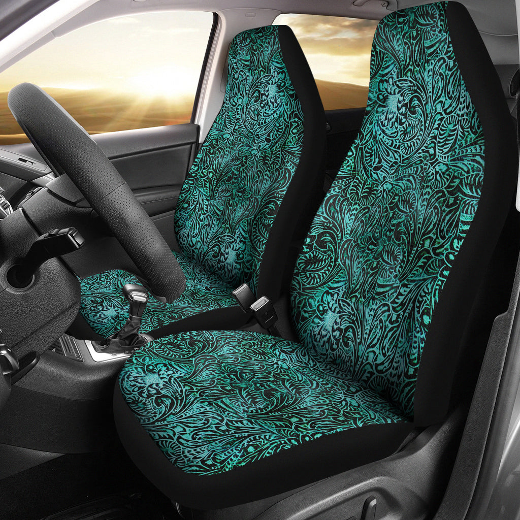 Turquoise Tooled Leather Style Printed Texture Design Car Seat Covers