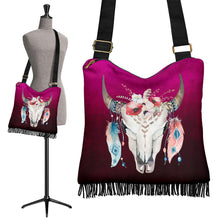 Load image into Gallery viewer, Magenta Ombre With Boho Skull Bag With Fringe and Crossbody Strap
