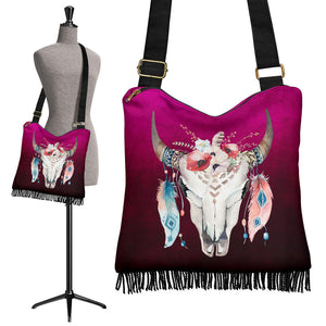 Magenta Ombre With Boho Skull Bag With Fringe and Crossbody Strap