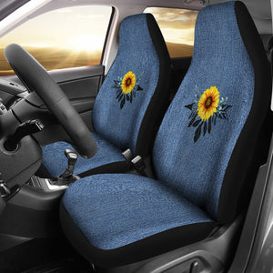 Sunflower Dreamcatcher Boho Design On Rustic Blue Faux Denim Car Seat Covers