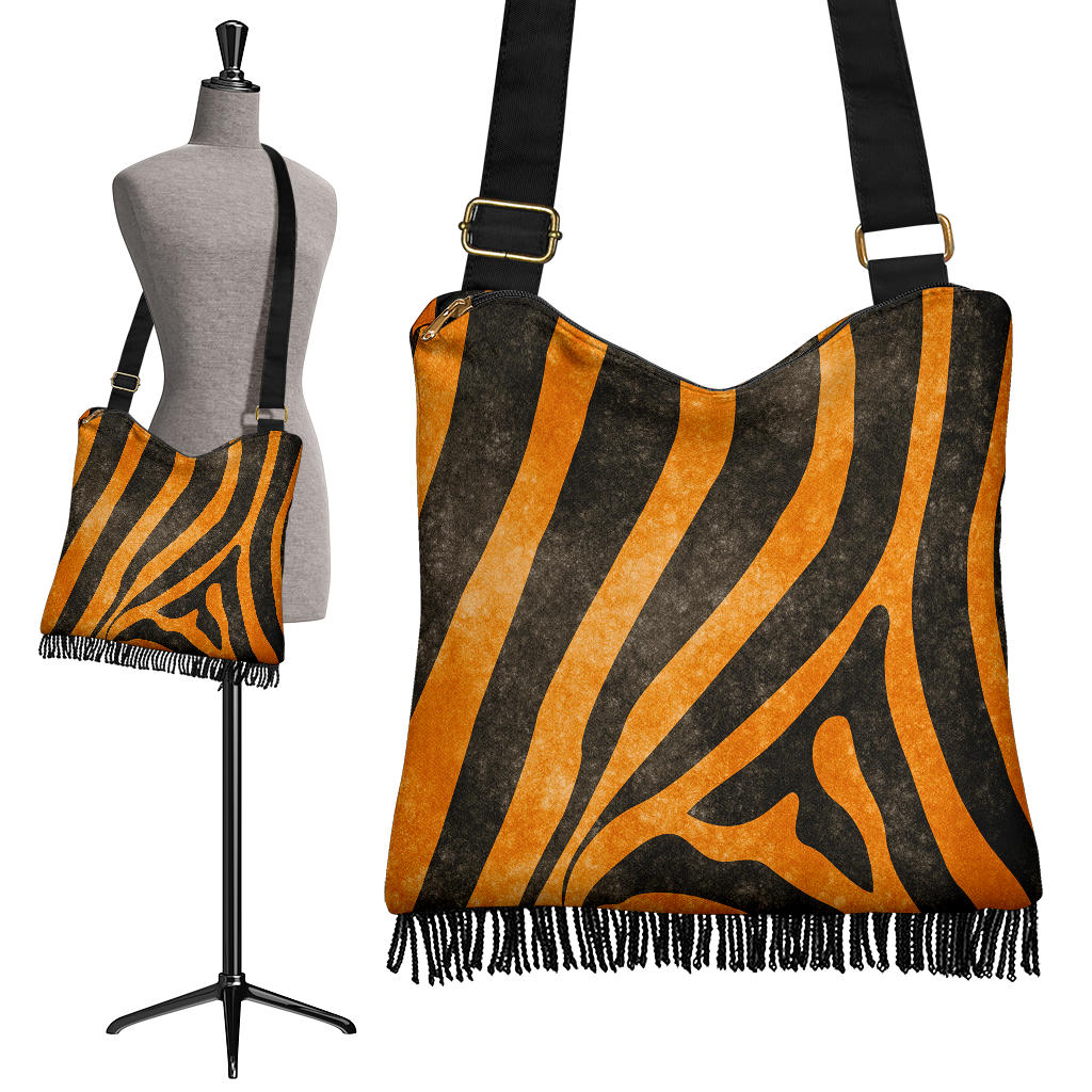 Tiger Striped Boho Bag With Fringe Crossbody Purse Straps