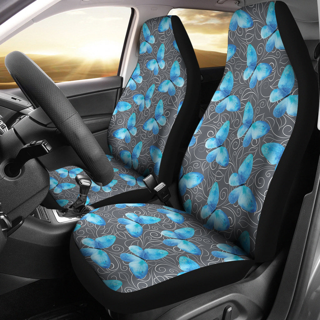 Dark Gray White Leaves Background With Blue Butterfly Car Seat Covers