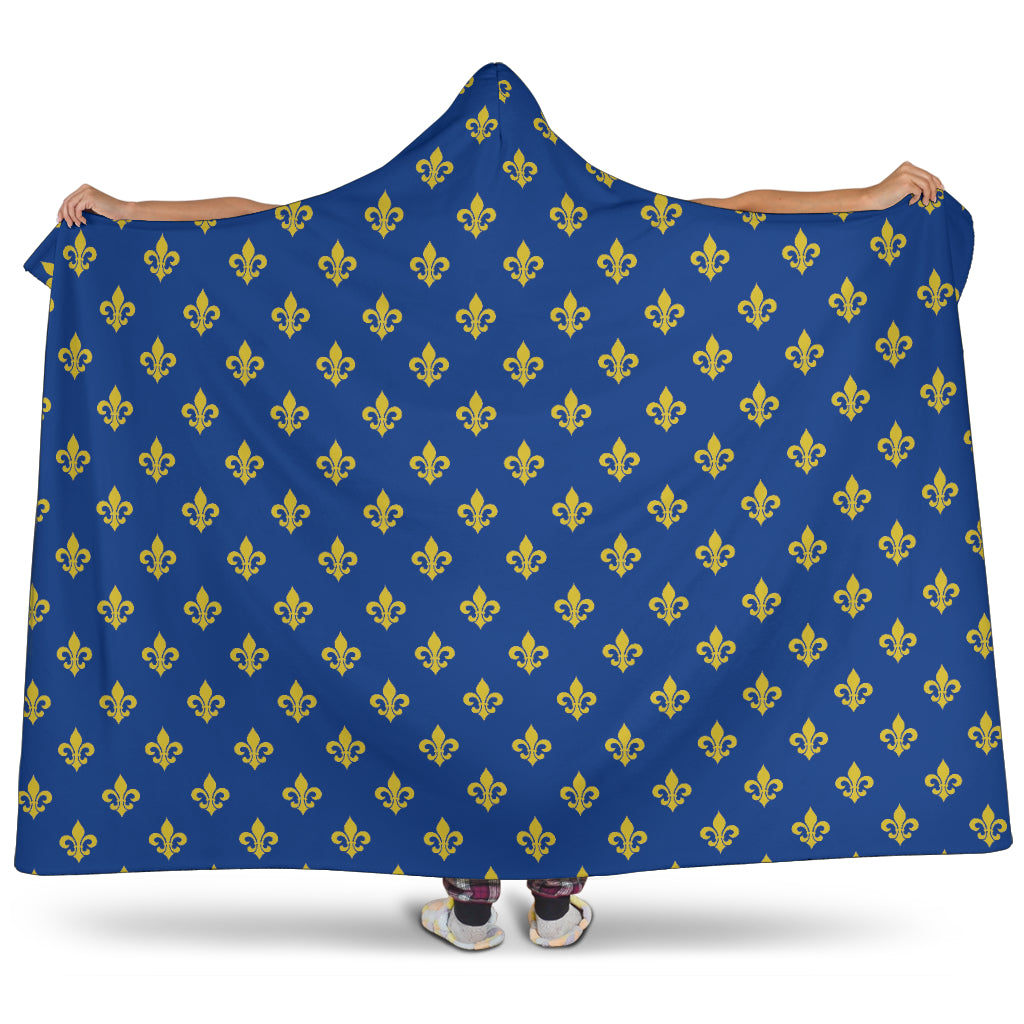 Blue and Gold Fleur De Lis Pattern Hooded Blanket 2