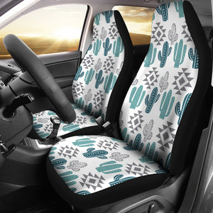 Teal and Gray Boho Cactus Pattern On White Car Seat Covers Set of 2