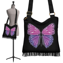Load image into Gallery viewer, Black With Pink and Purple Watercolor Butterfly Boho Style Bag With Fringe
