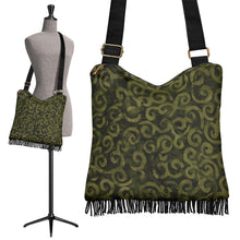 Load image into Gallery viewer, Olive Green Batik Swirls Design Canvas Printed Boho Bag With Fringe Crossbody Shoulder Purse
