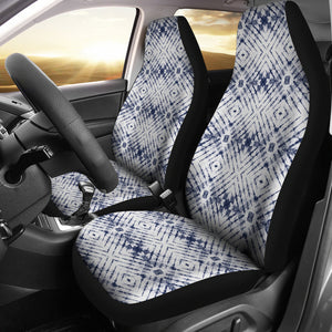 White With Faded Grungy Navy Blue Tie Dye Pattern Car Seat Covers