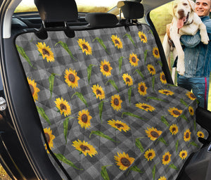 Gray Buffalo Plaid Faux Denim Style With Sunflowers Back Seat Cover For Pets
