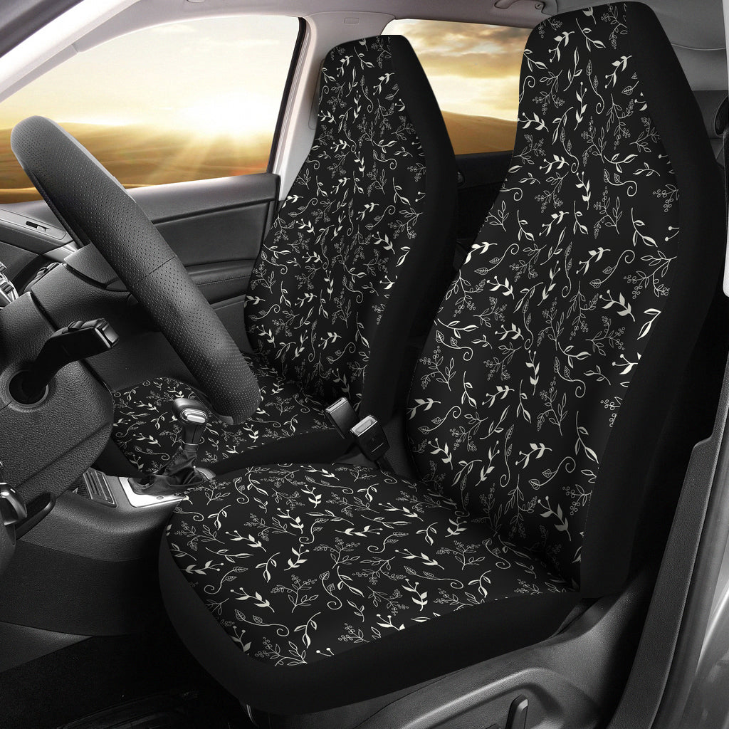 Black With White Leaves Pattern Car Seat Covers