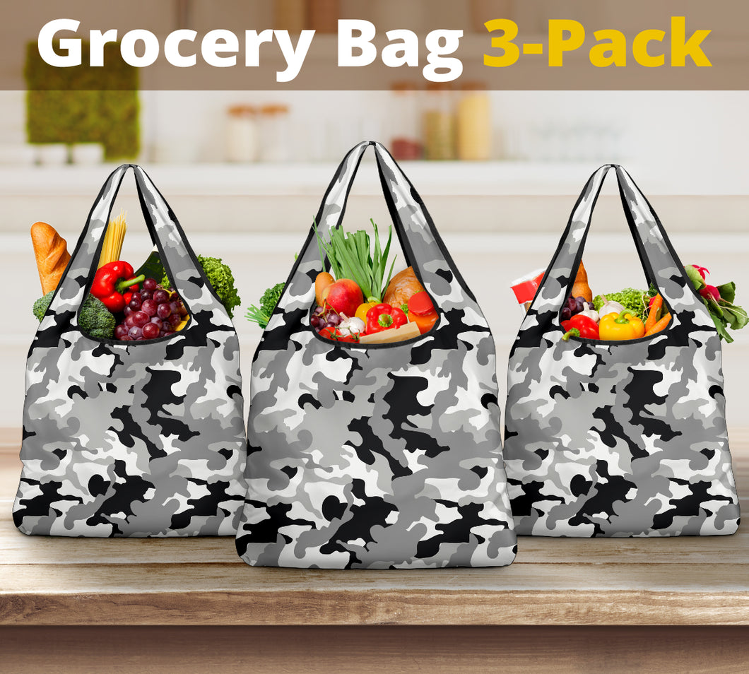 Gray Camo Grocery Bags Reusable Shopping Bags Pack of 3 Camouflage Pattern