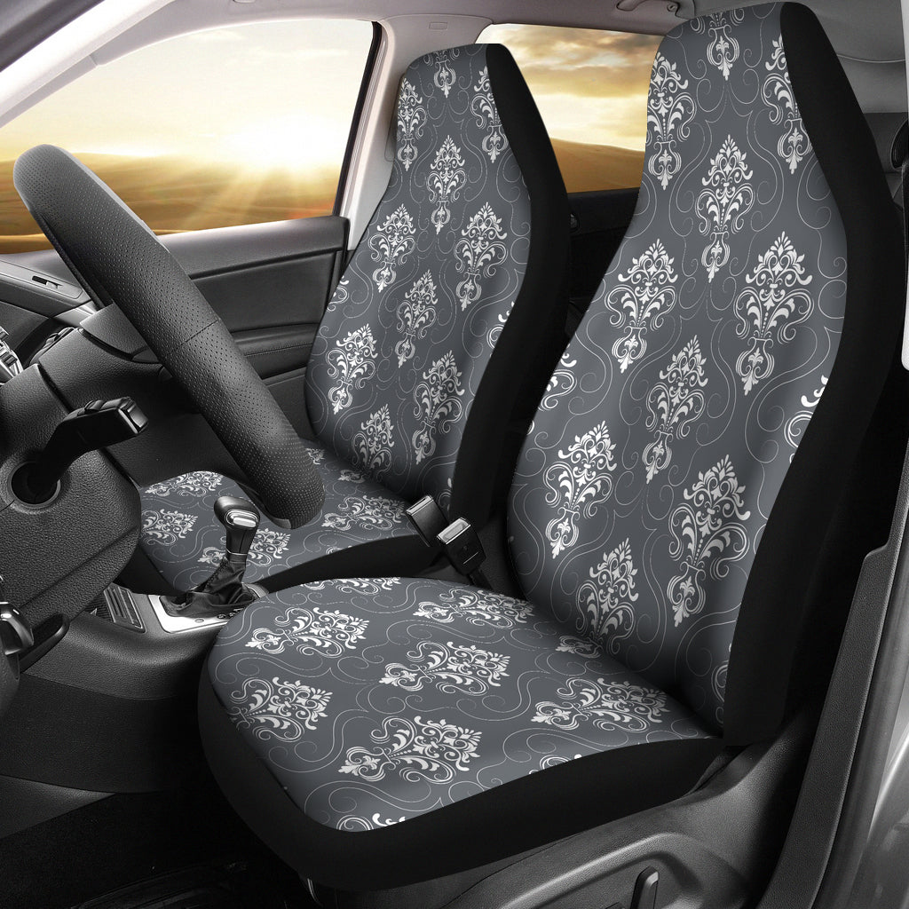 Gray and White Damask Pattern Car Seat Covers Set