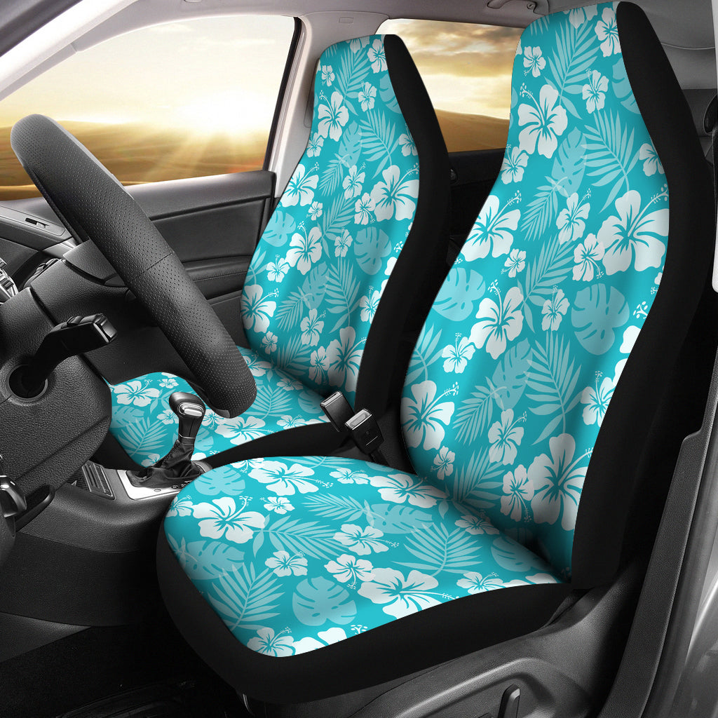Teal Blue Hibiscus Car Seat Covers With White Flower and Leaves Pattern Hawaiian
