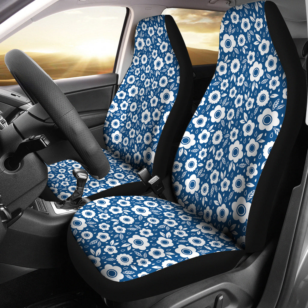 Classic Blue Car Seat Covers With White Flowers and Rain Drops