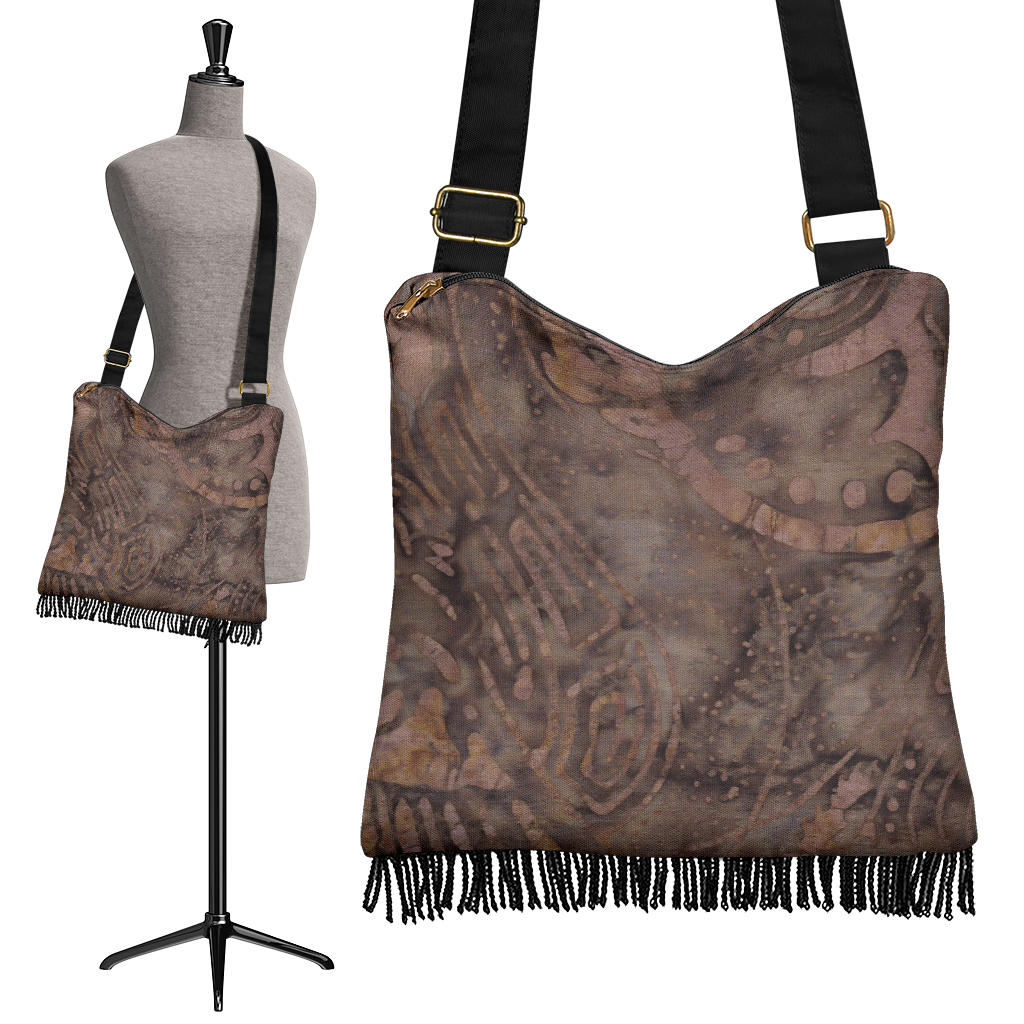 Coffee Colored Batik Style Design Fringe Purse Boho Bag Shoulder Strap Crossbody