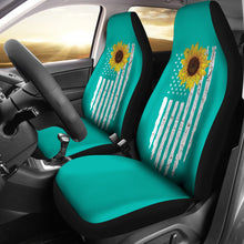 Load image into Gallery viewer, Teal With Distressed American Flag and Sunflower Car Seat Covers Set
