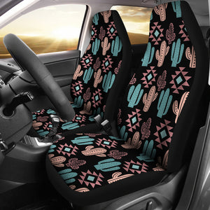Pastel Turquoise and Rose Cactus Boho Pattern on Black Car Seat Covers Set of 2
