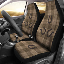 Load image into Gallery viewer, Dark Burlap Style Buffalo Plaid Car Seat Covers With Rustic Horseshoes Western Cowboy Farmhouse
