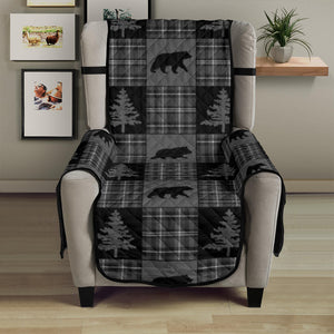 Gray and Black Plaid With Bears and Pine Trees Rustic Patchwork Pattern on Armchair Slip Cover Protector
