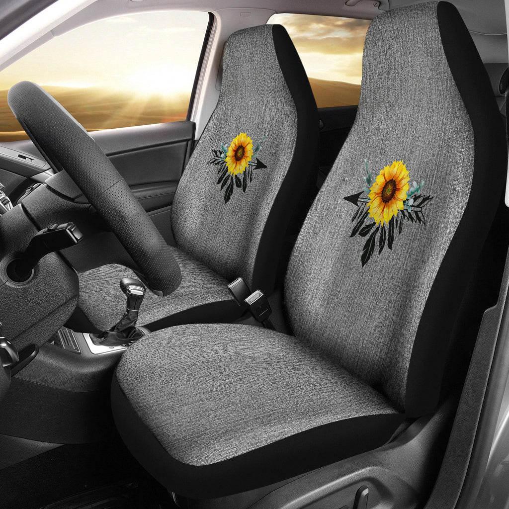 Sunflower Dreamcatcher Boho Design On Gray Faux Denim Car Seat Covers