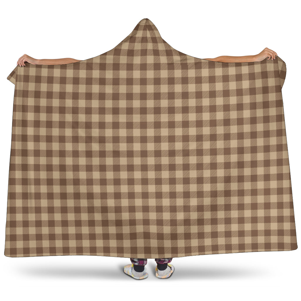 Brown and Beige Buffalo Plaid Hooded Blanket With Tan Sherpa Lining