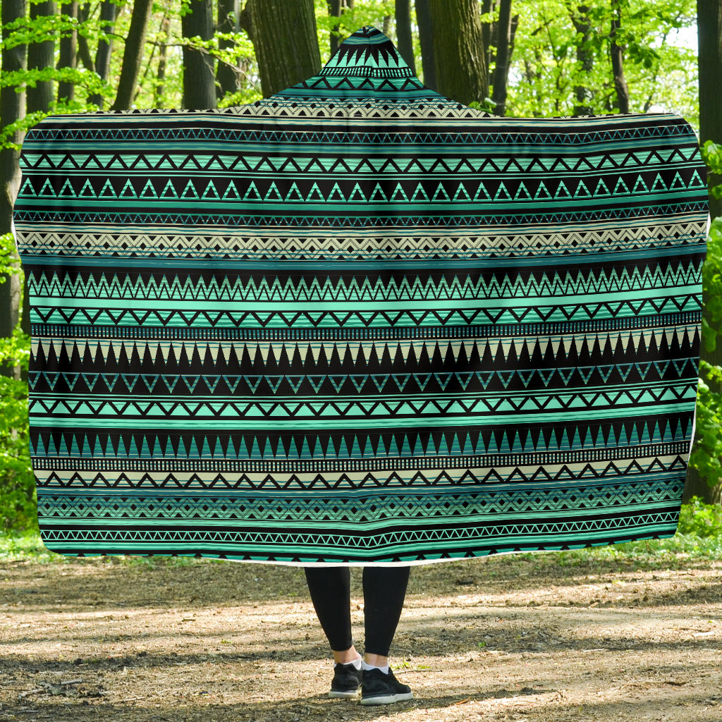 Teal and Black Ethnic Pattern Hooded Blanket