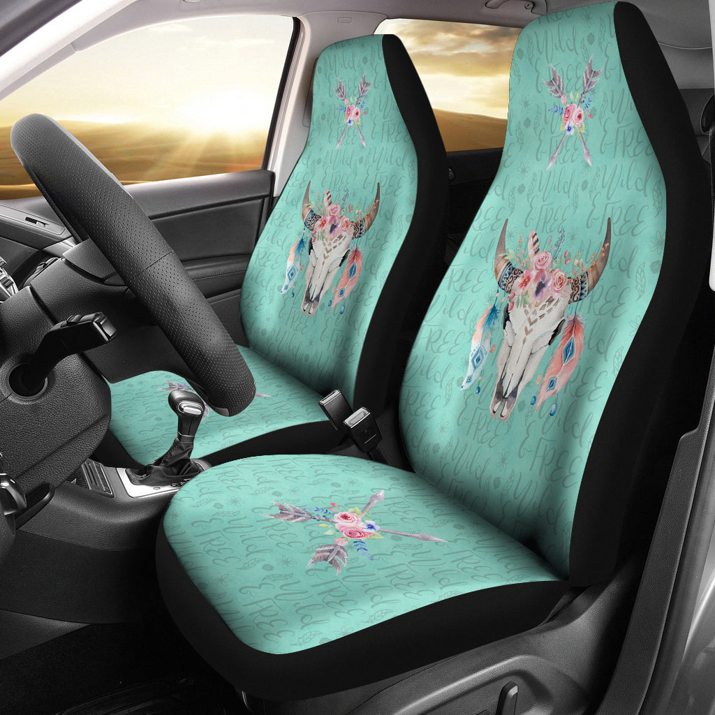 Cow Skull Boho Wild and Free Script Background Car Seat Covers Turquoise