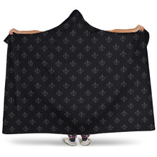 Load image into Gallery viewer, Black With Gray Fleur De Lis Pattern Hooded Blanket With Sherpa Lining
