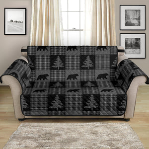 Gray and Black Plaid With Bears and Pine Trees Rustic Patchwork Pattern on Loveseat Sofa Slip Cover Protector